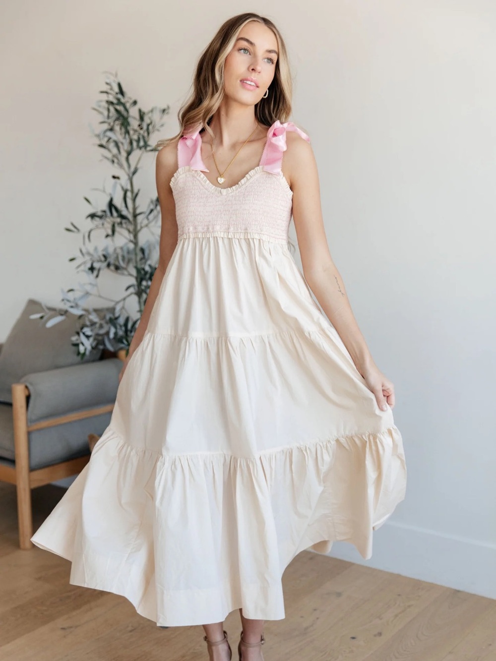 NWT Cream and Pink Sundress with Pink Satin Shoulder Ties